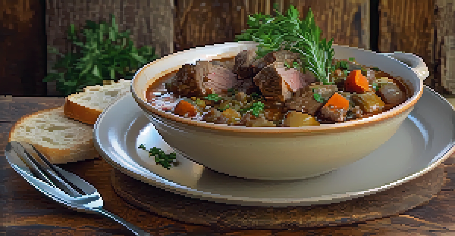 A rustic bowl of Basque lamb stew garnished with herbs, served alongside crusty bread, on a wooden table.