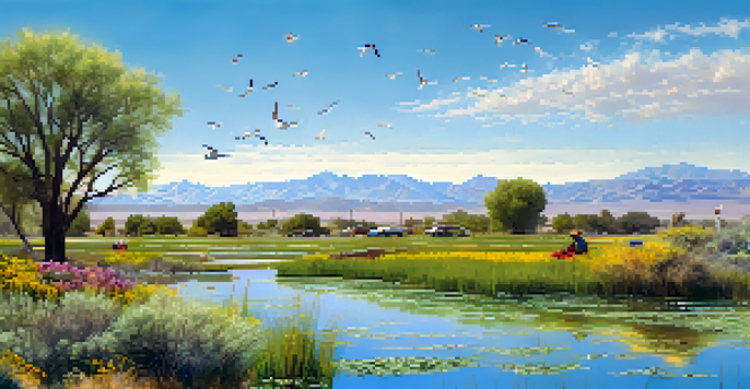 A family planting trees in restored wetlands with blooming wildflowers and migratory birds in a clear blue sky.