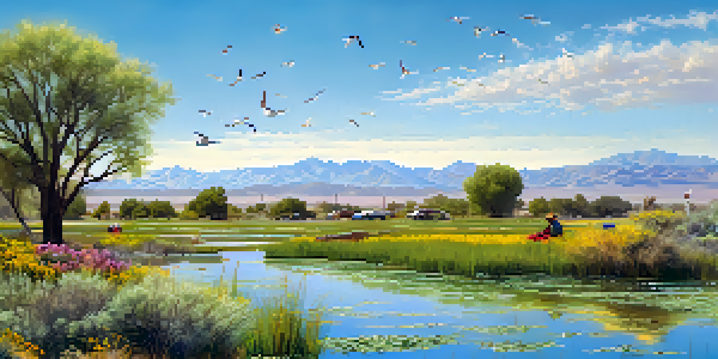 A family planting trees in restored wetlands with blooming wildflowers and migratory birds in a clear blue sky.