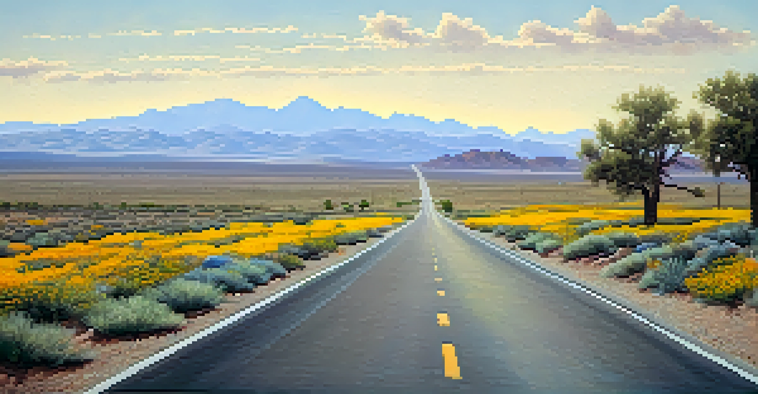 A cyclist riding on a peaceful rural road in Nevada, surrounded by desert scenery and blooming wildflowers.