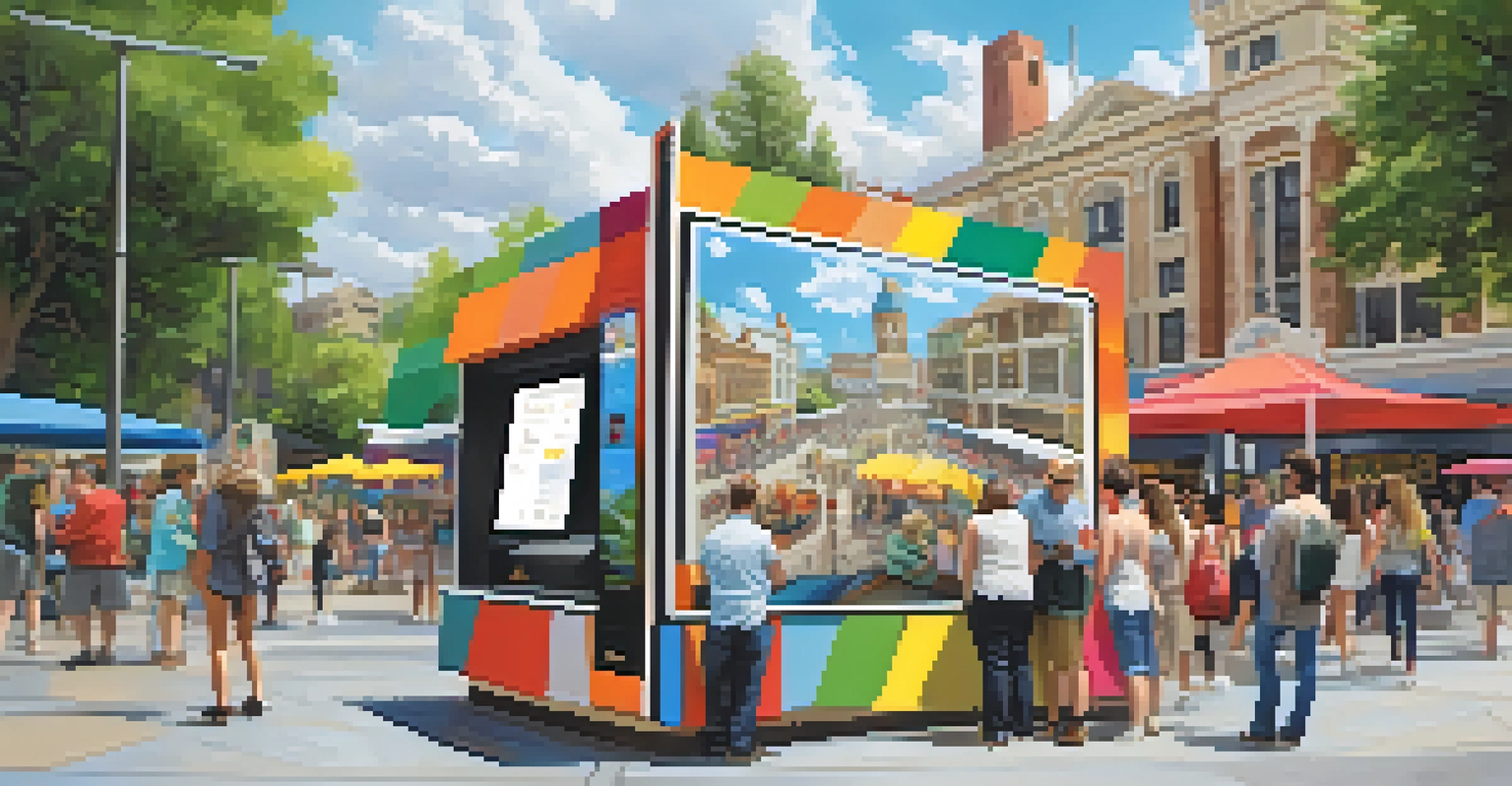 A busy Reno city square featuring an interactive smart kiosk, with tourists exploring maps and using smartphones.