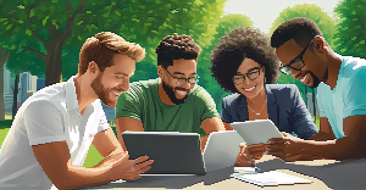 A diverse group of professionals collaborating in a park over a digital tablet, with a city skyline in the background.