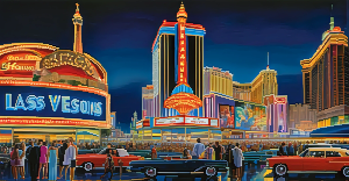 A bustling Las Vegas Strip at night, filled with tourists and colorful neon lights from casinos and hotels.
