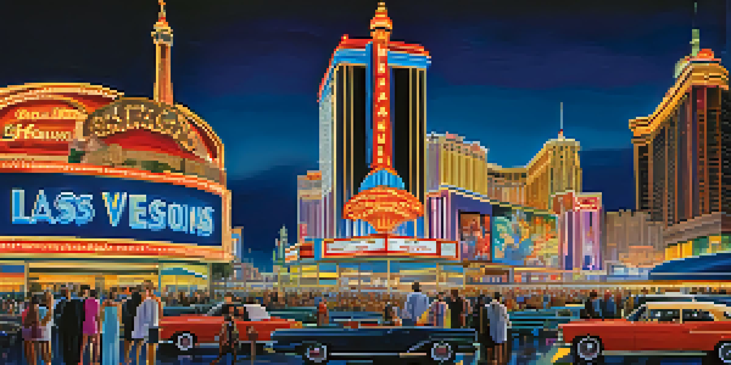 A bustling Las Vegas Strip at night, filled with tourists and colorful neon lights from casinos and hotels.