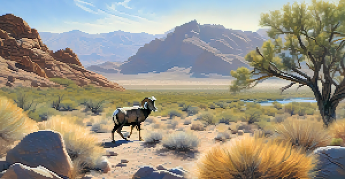 A Nevada bighorn sheep in a diverse landscape featuring desert and wetlands, with birds flying in the sky and warm sunlight illuminating the scene.