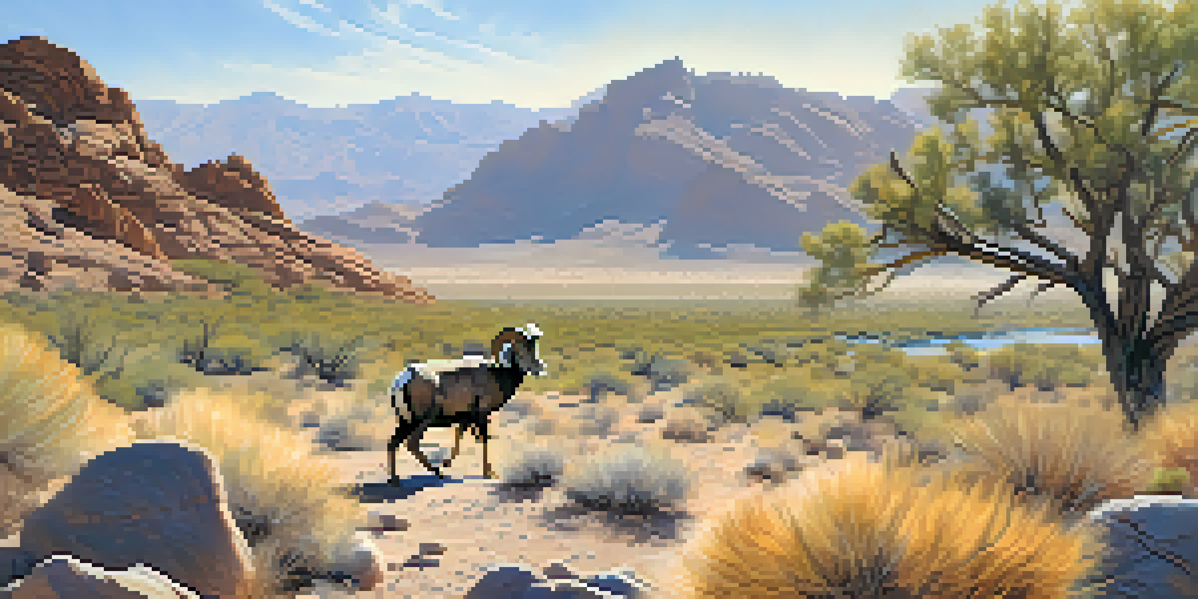 A Nevada bighorn sheep in a diverse landscape featuring desert and wetlands, with birds flying in the sky and warm sunlight illuminating the scene.