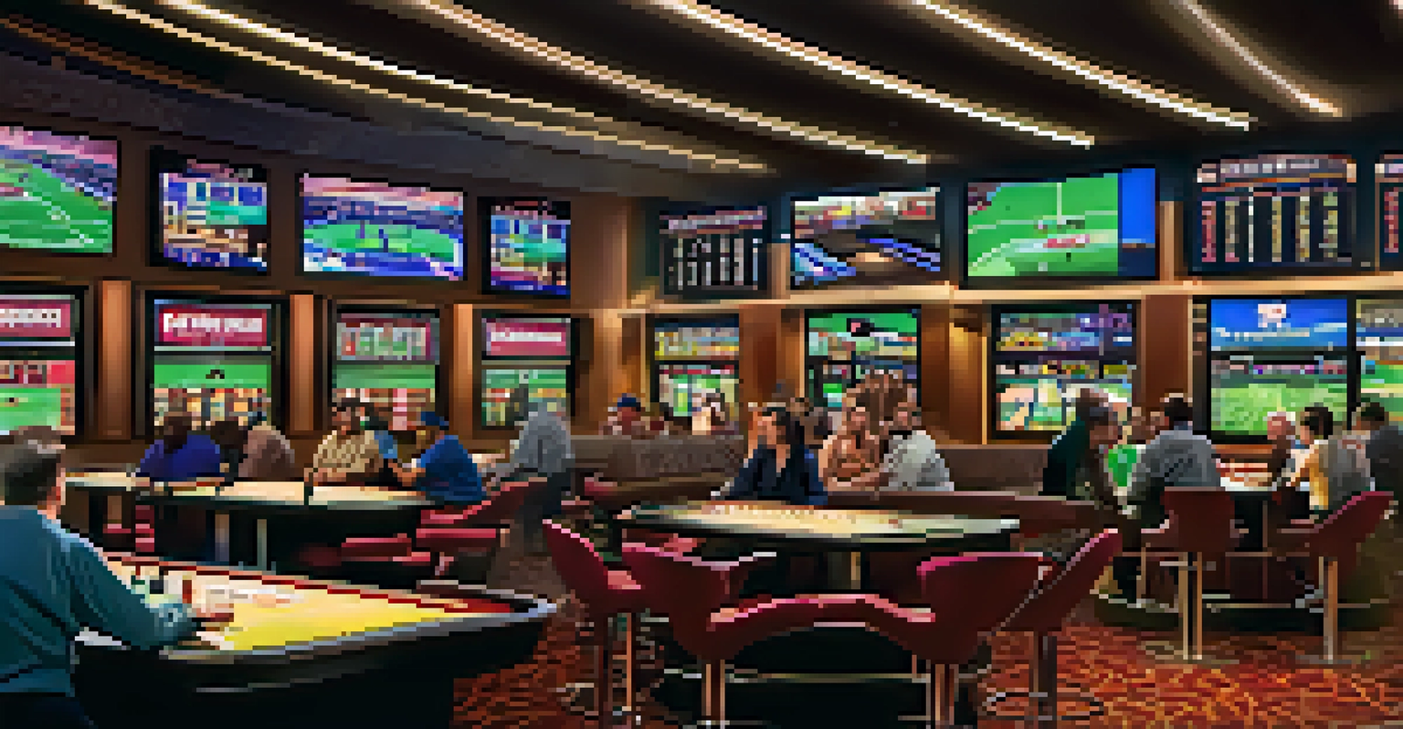 A modern sports betting area in a Nevada casino, filled with patrons watching sports and placing bets, illuminated by neon lights.