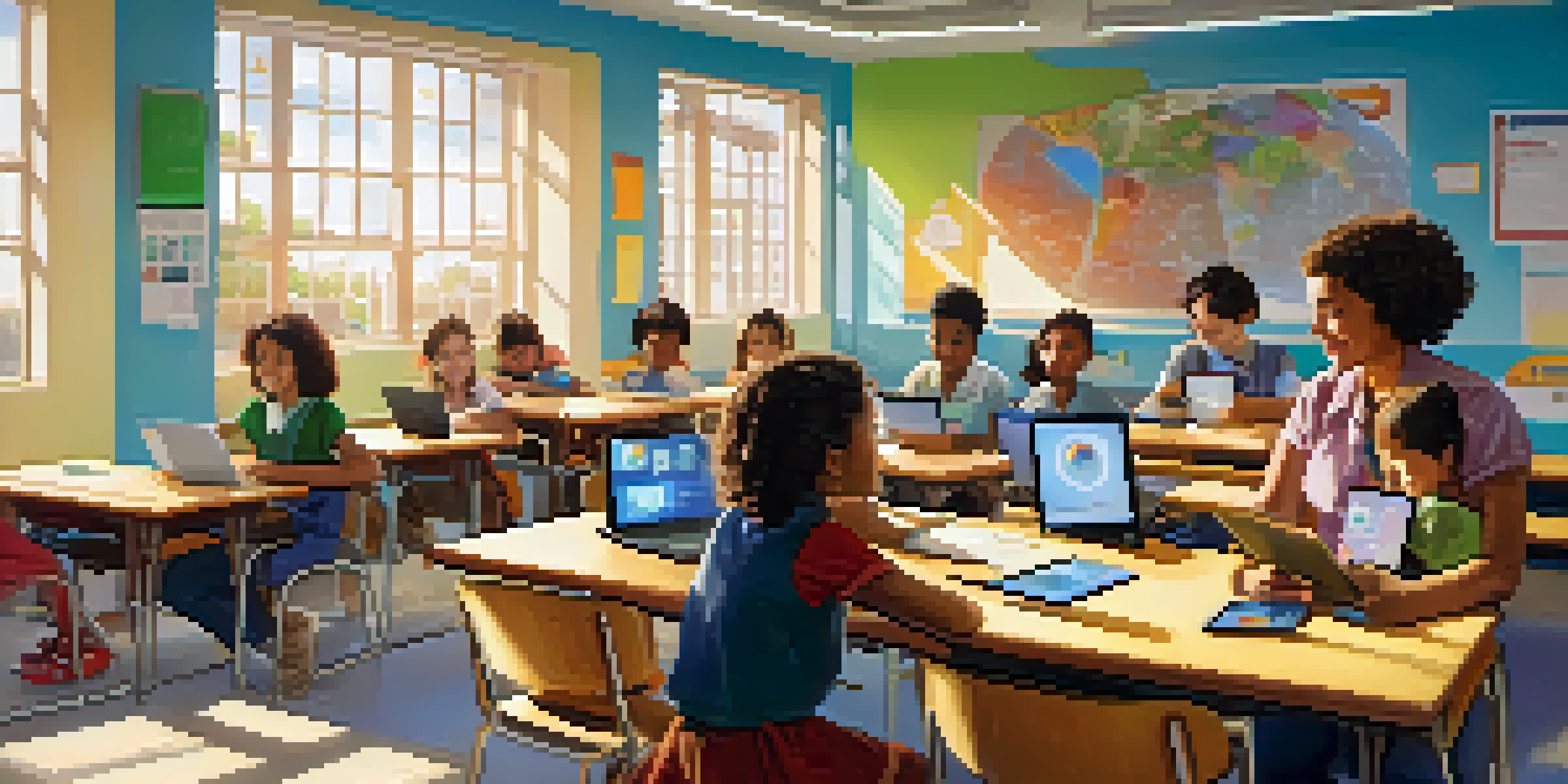 A classroom with a teacher interacting with diverse students using laptops, with sunlight streaming in and colorful educational posters around.