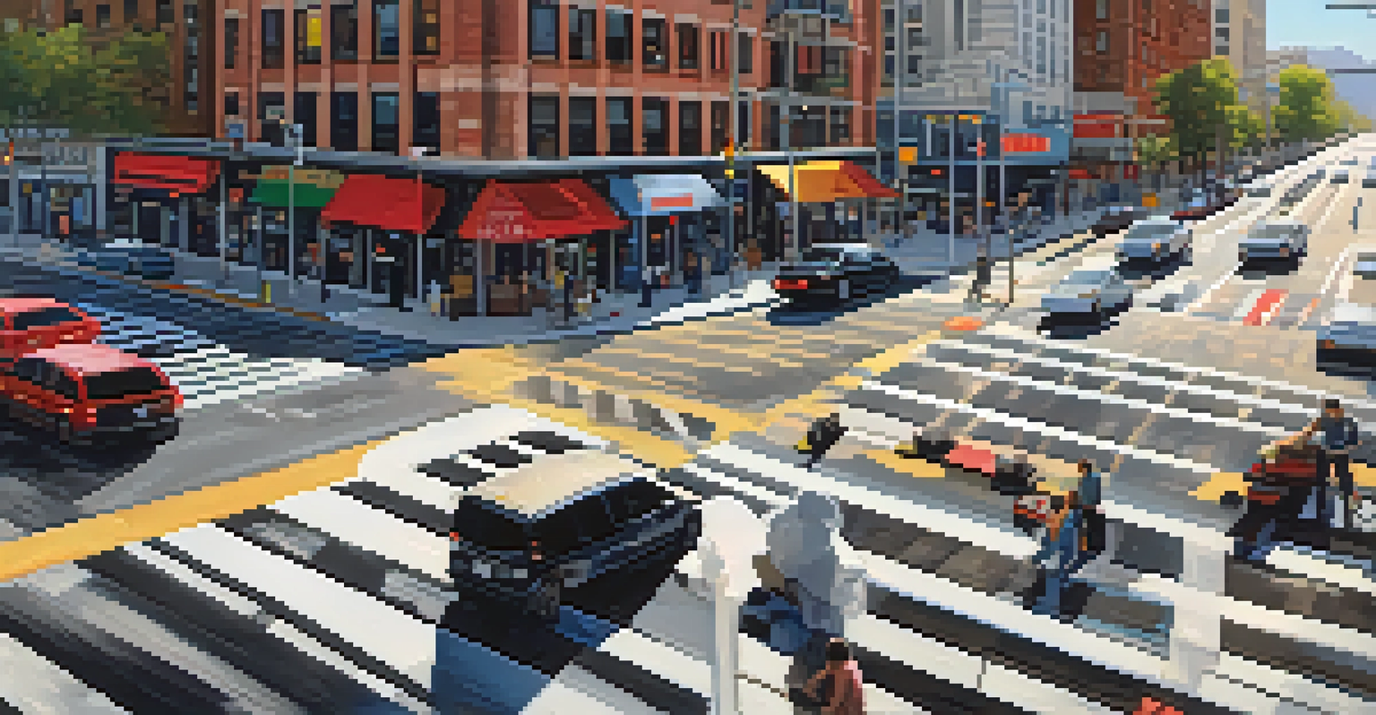 A busy city intersection with smart traffic lights adjusting to traffic flow, featuring pedestrians, cyclists, and electric vehicles.