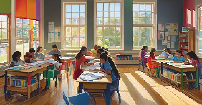 A lively classroom with diverse students collaborating on a project under bright sunlight, surrounded by educational materials.