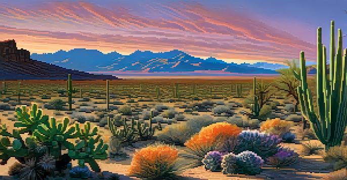 A wide view of an arid desert in Nevada at sunset, showcasing mountains, cacti, and a colorful sky.