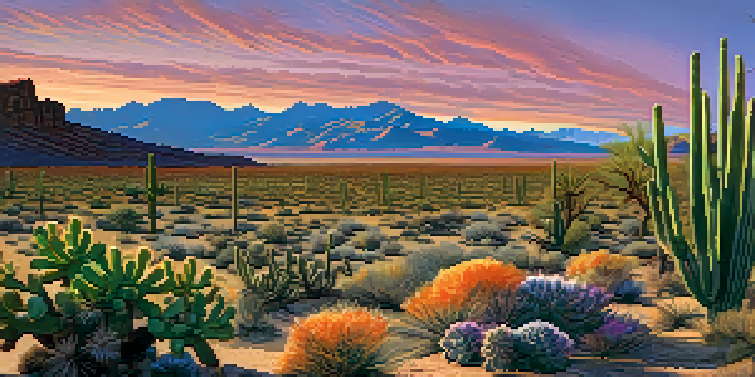 A wide view of an arid desert in Nevada at sunset, showcasing mountains, cacti, and a colorful sky.