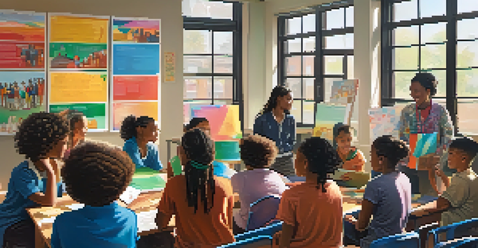 A diverse classroom with students of different ethnicities working together on a project under bright sunlight.