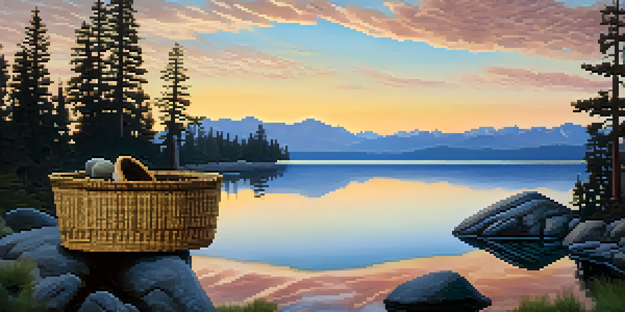 A tranquil view of Lake Tahoe at sunrise, featuring silhouetted pine trees and a traditional Washoe basket on a rock.