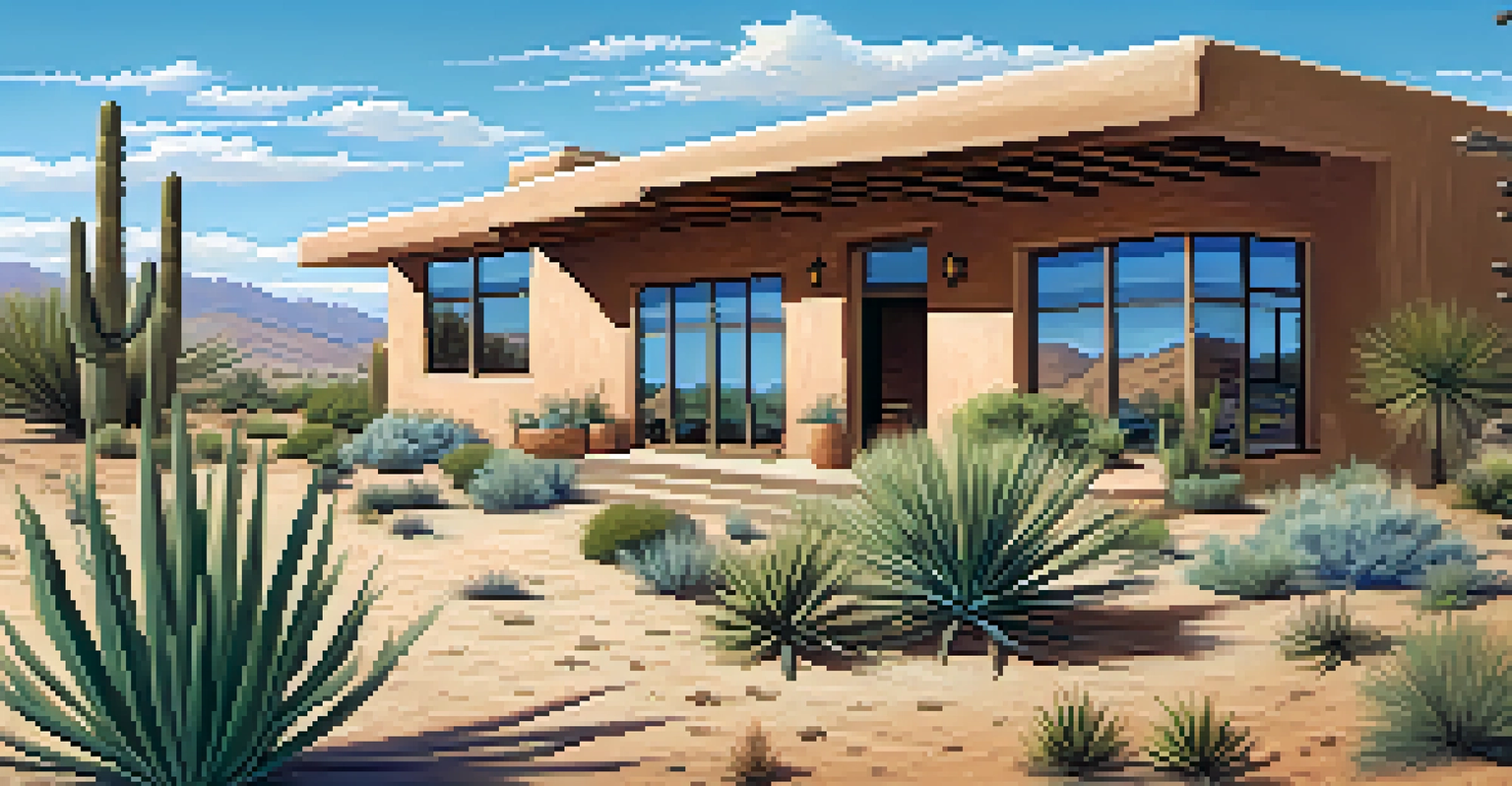 An adobe-style home surrounded by drought-resistant plants in the Nevada desert, with large windows and a bright blue sky.