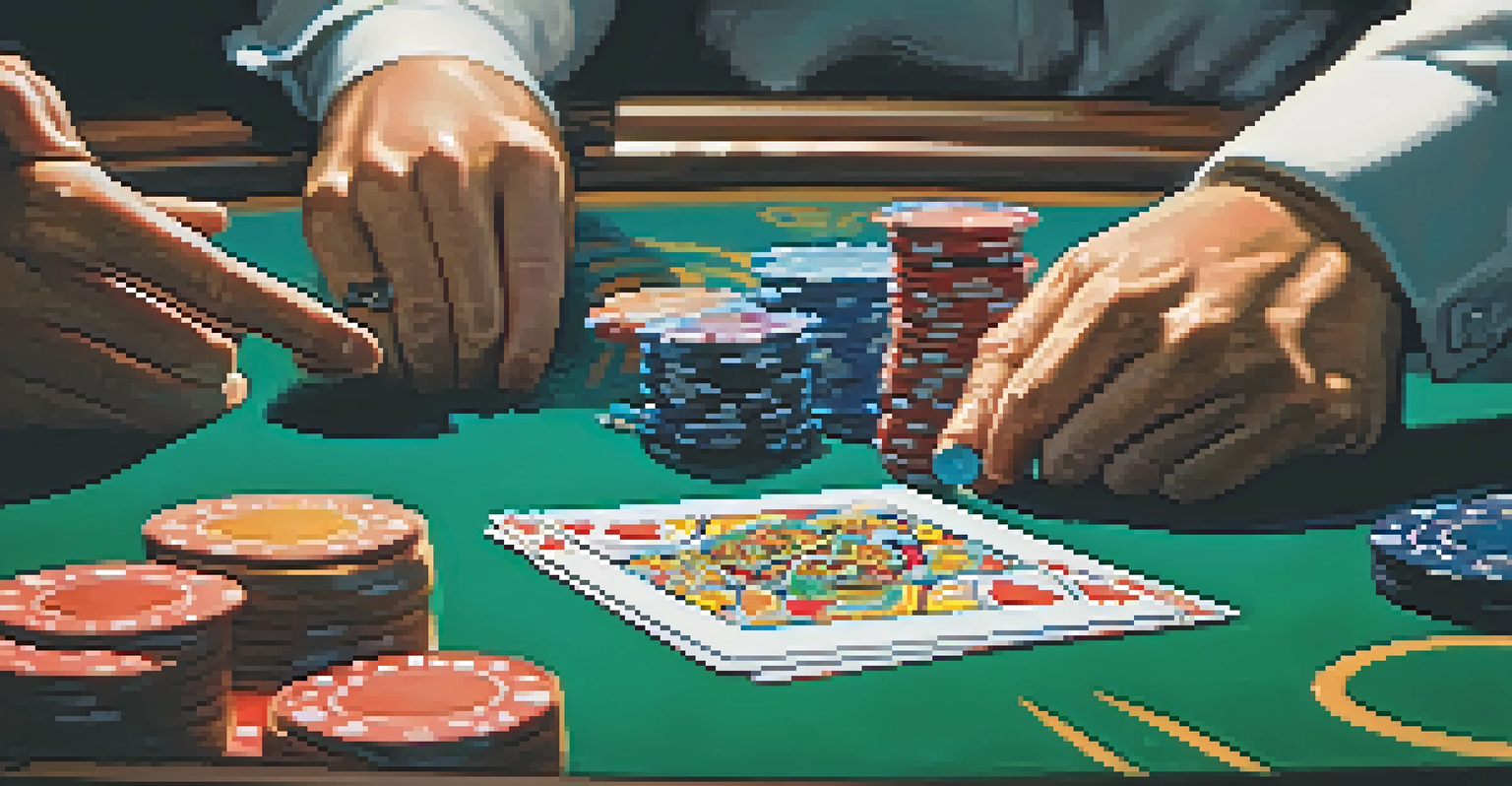 A close-up view of a dealer shuffling cards at a poker table, with colorful chips stacked in front of players.