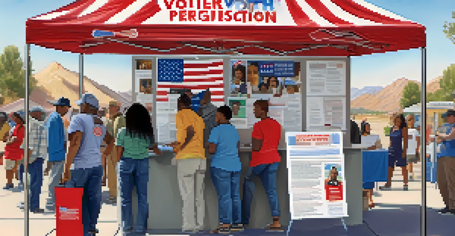 A close-up of a voter registration booth with diverse individuals participating in the political process.