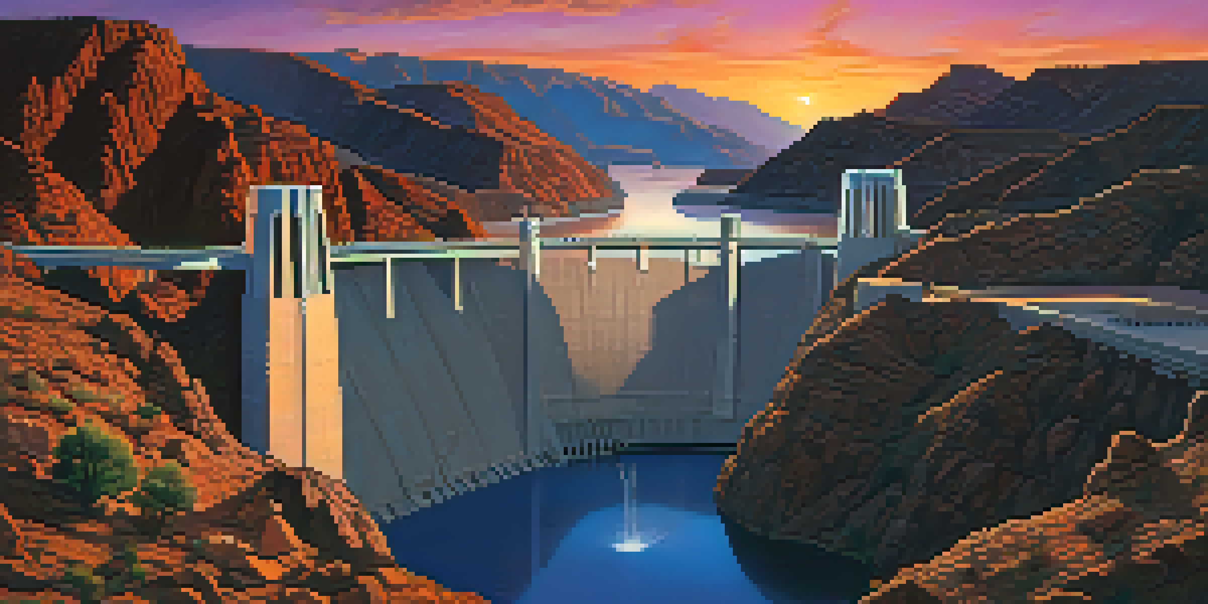 A scenic sunset view of the Hoover Dam, showcasing its architectural details against a colorful sky.
