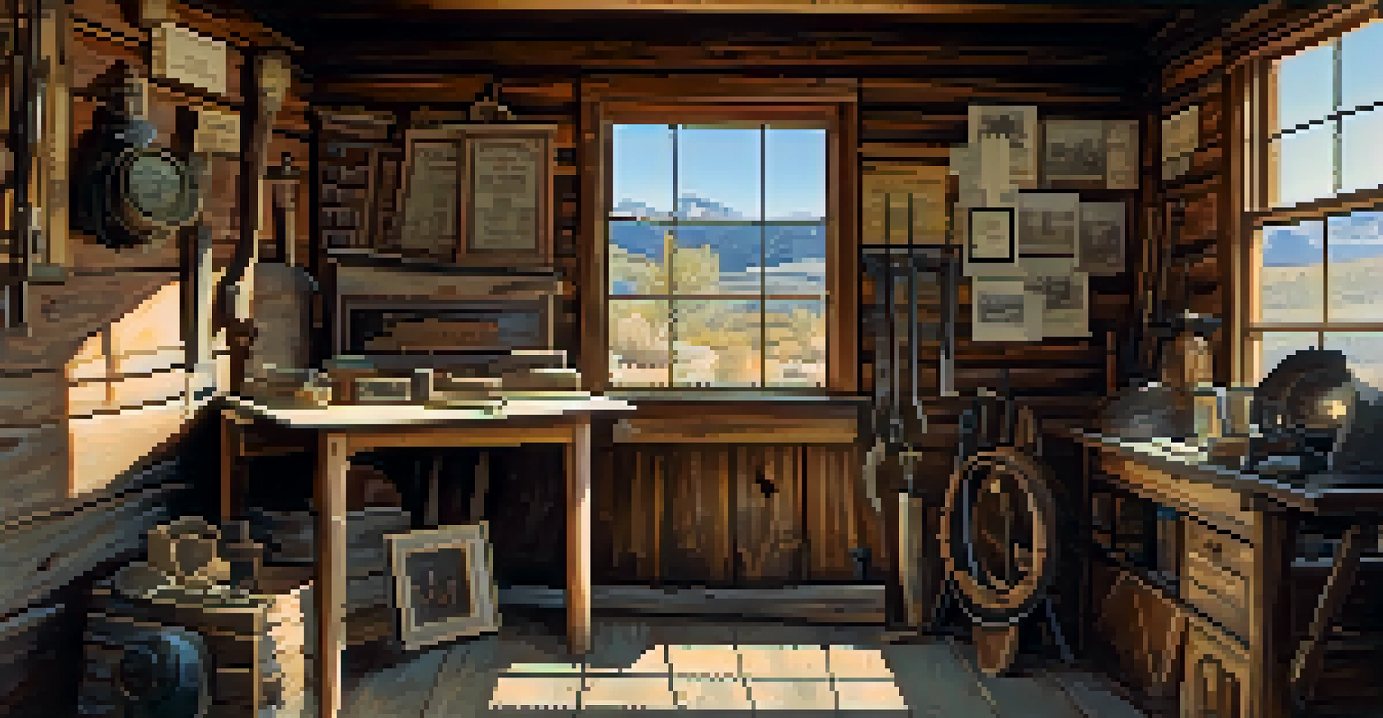 An interior view of a vintage mining cabin in Ely, showcasing old mining tools and artifacts illuminated by sunlight.