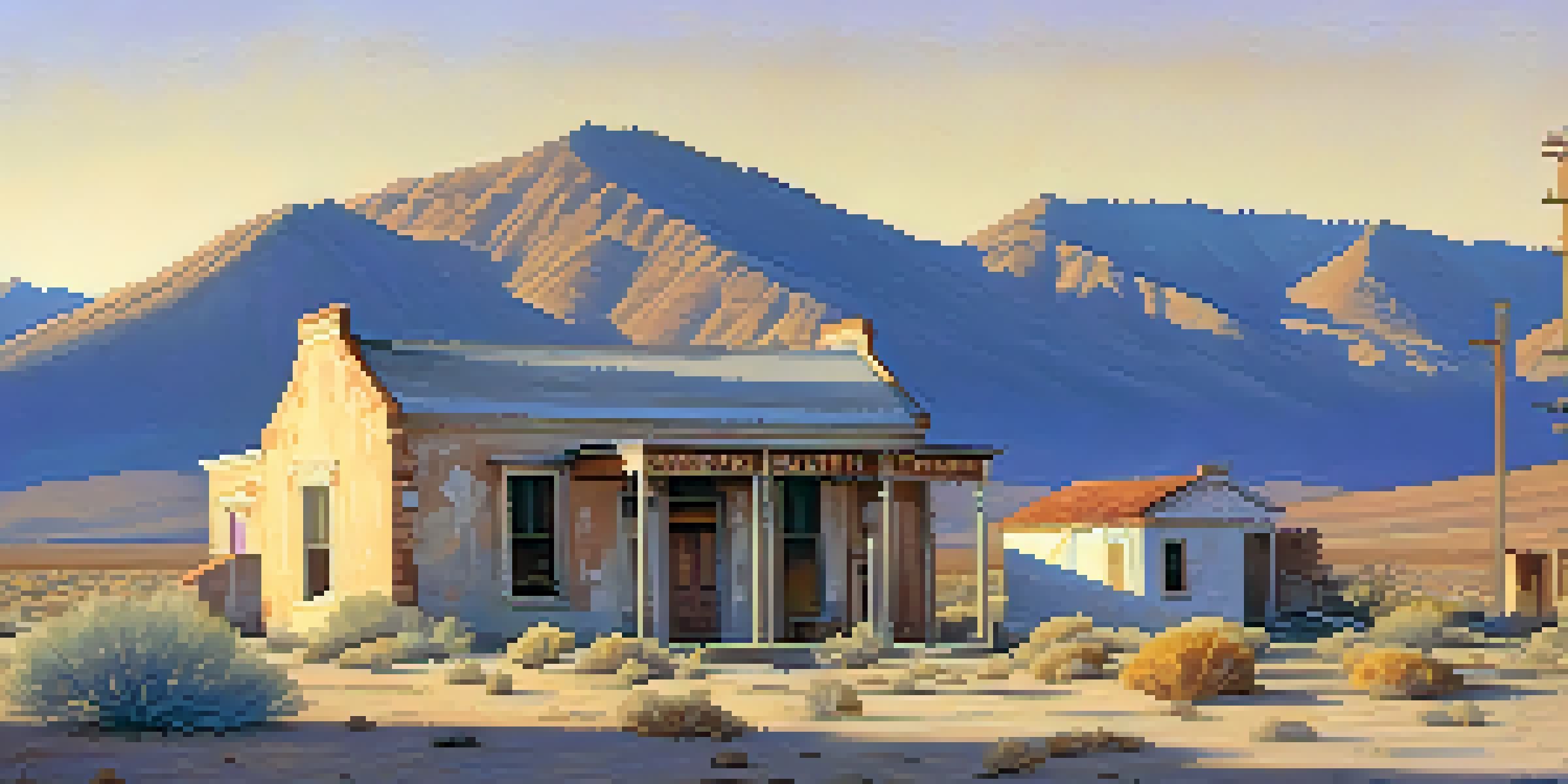 A scenic view of Rhyolite ghost town with ruins of a bank and schoolhouse under a colorful sunset sky.