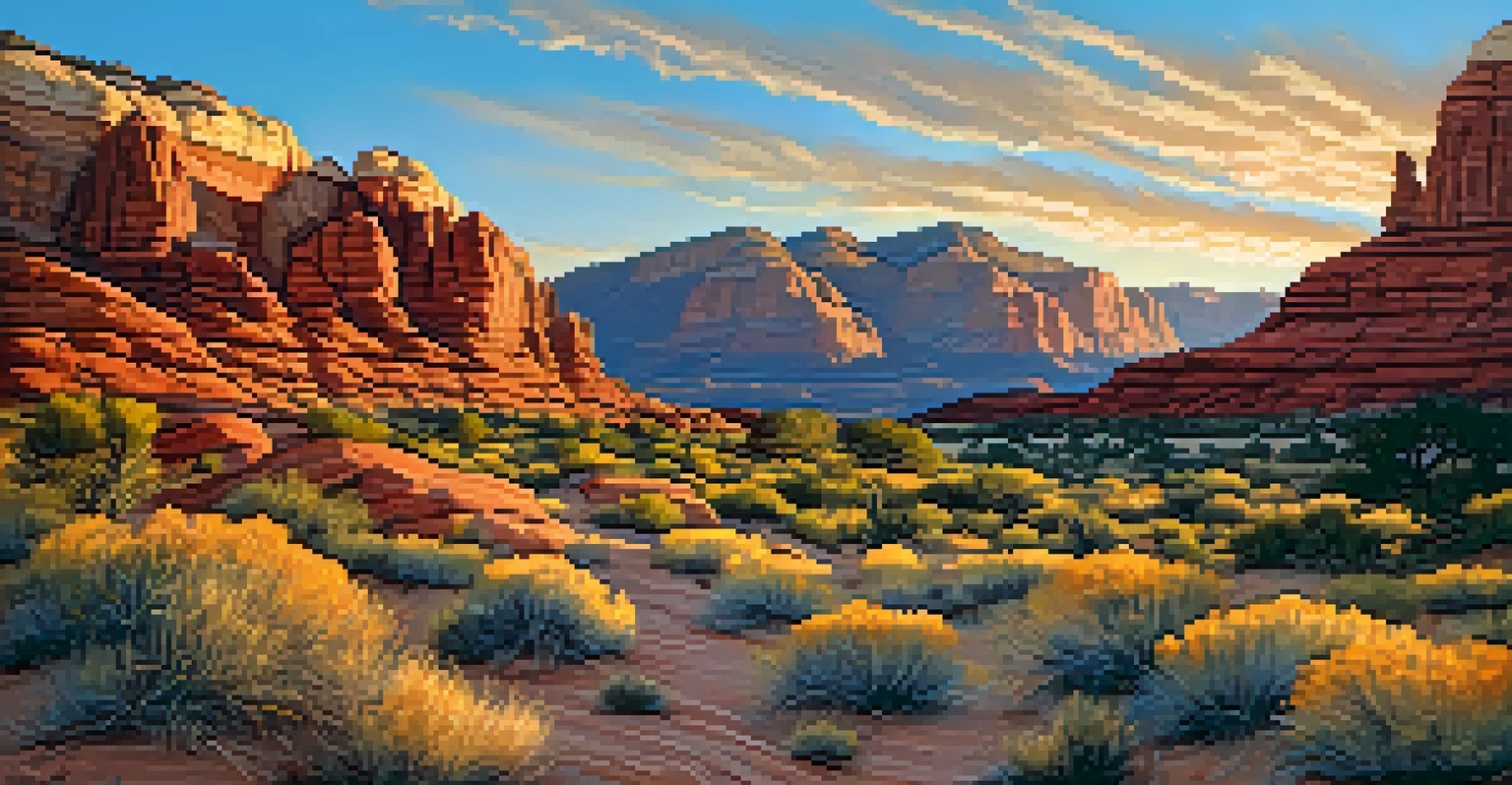 A scenic view of Red Rock Canyon during sunset with red sandstone formations and a hiking trail.