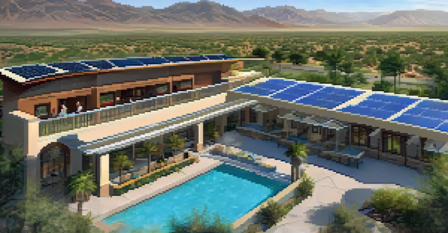 A peaceful outdoor view of a sustainable casino resort in Nevada, featuring landscaping, solar panels, and guests by the pool.