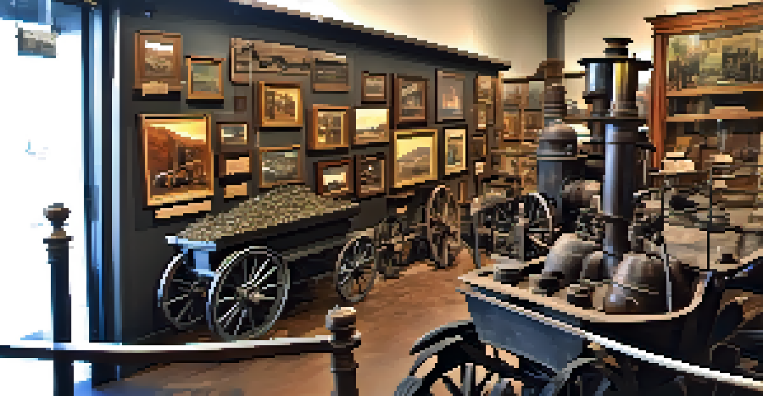 Visitors exploring a mining museum with exhibits of mining artifacts and photographs, illuminated by soft lighting.