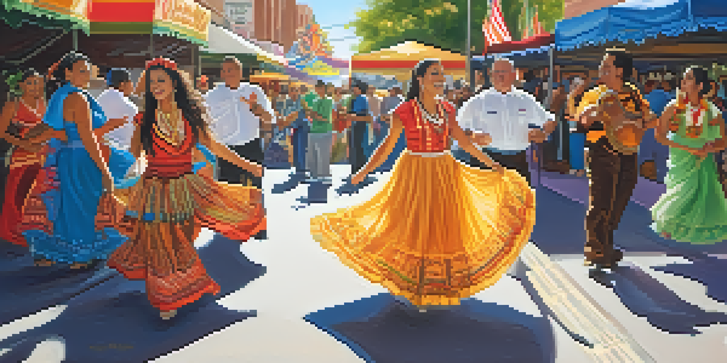 A lively street scene during a Hispanic festival with colorful banners and traditional dancers in costumes, surrounded by food stalls and murals.
