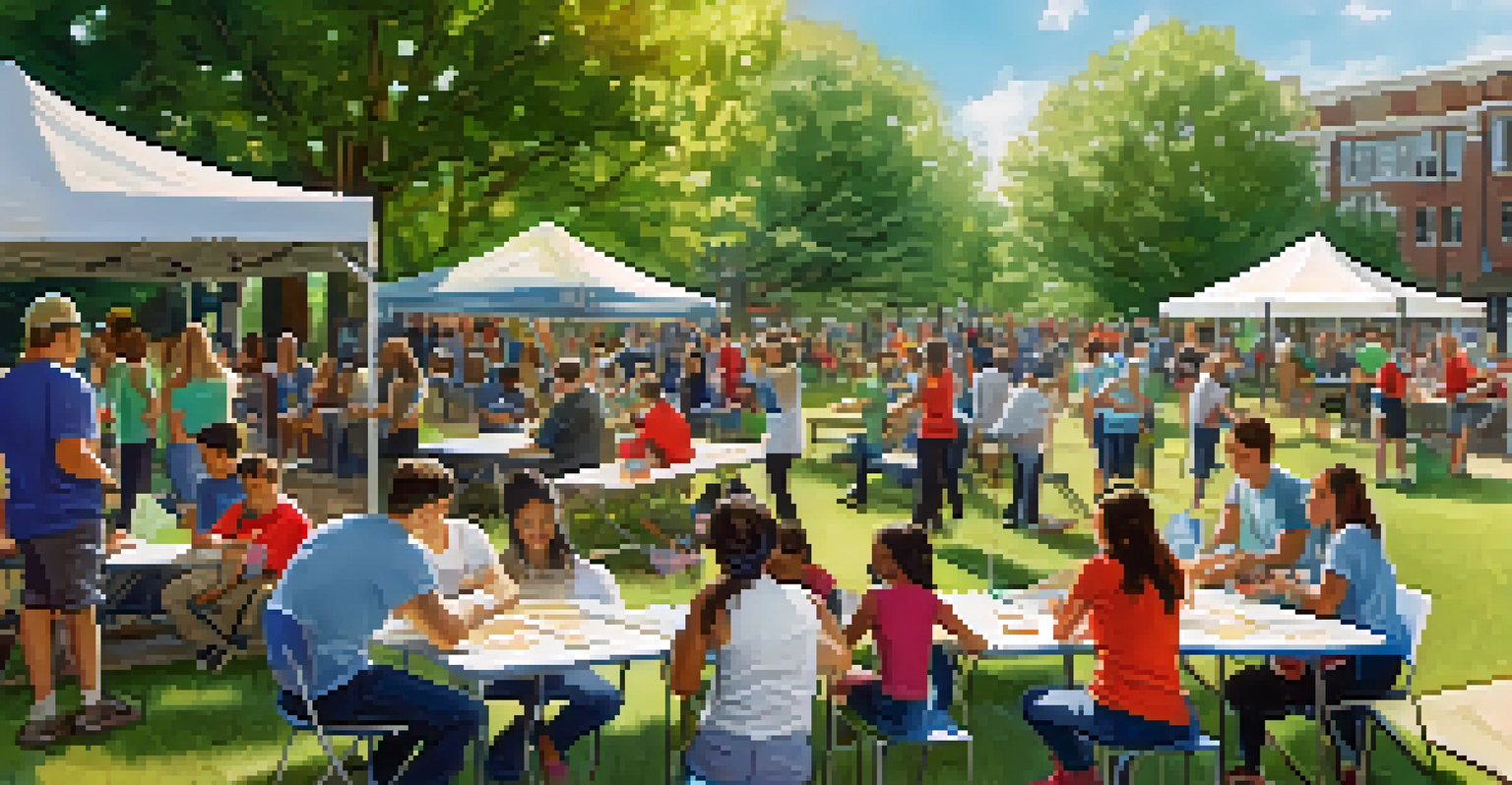 University students and local residents collaborating on a service project in a sunny park, with banners promoting education and community partnership.