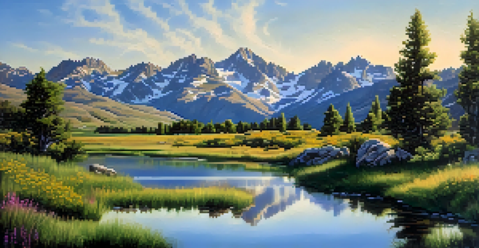 A panoramic view of the Ruby Mountains with lush meadows, alpine lakes, and towering peaks under a bright blue sky.