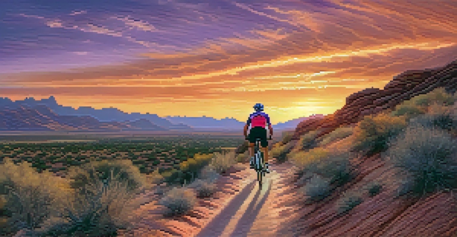 A cyclist on the River Mountain Loop Trail with sunset colors in the sky and desert landscapes surrounding the trail.