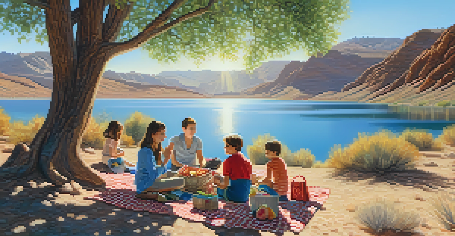 A family enjoying a picnic by the lake, with a picnic basket and colorful blanket under the trees.