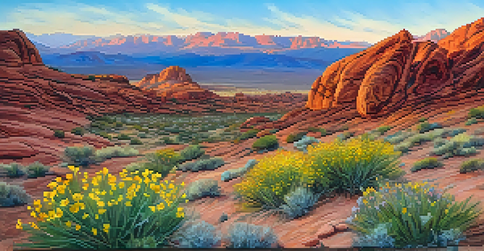 A scenic landscape of the Valley of Fire in Nevada, featuring colorful wildflowers and red rock formations at sunrise.