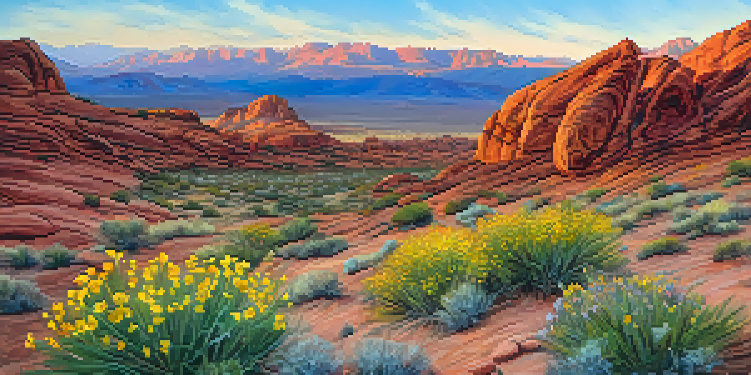 A scenic landscape of the Valley of Fire in Nevada, featuring colorful wildflowers and red rock formations at sunrise.