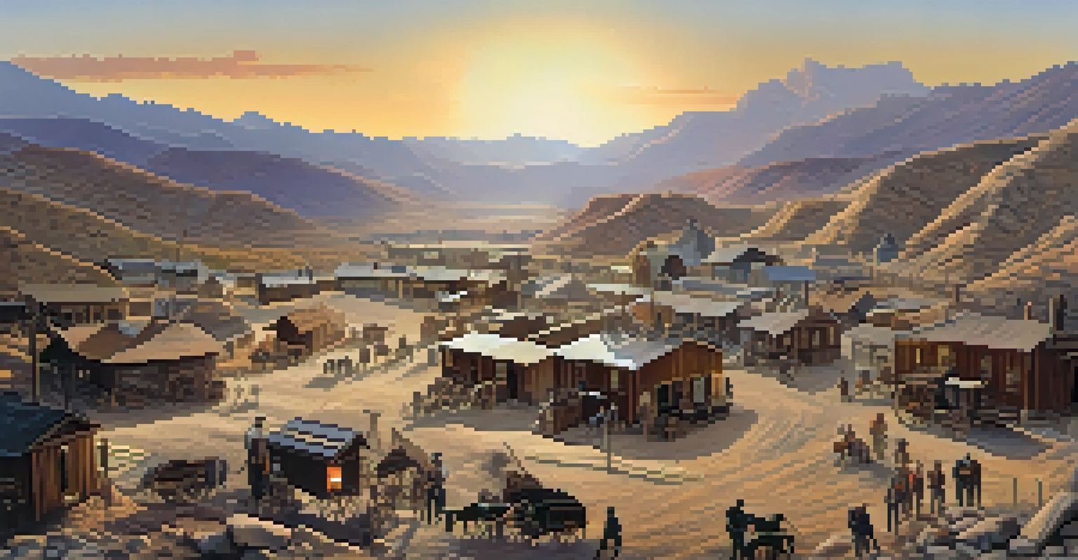 A historical mining scene in Nevada featuring miners, wooden buildings, and silver extraction under a warm sunset.