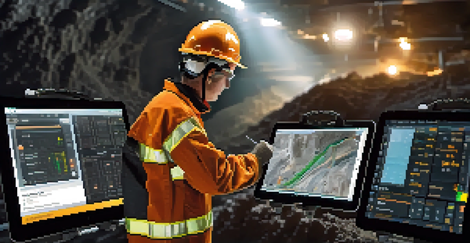 Close-up of a miner using technology in an underground tunnel, with safety gear and a tablet displaying data.