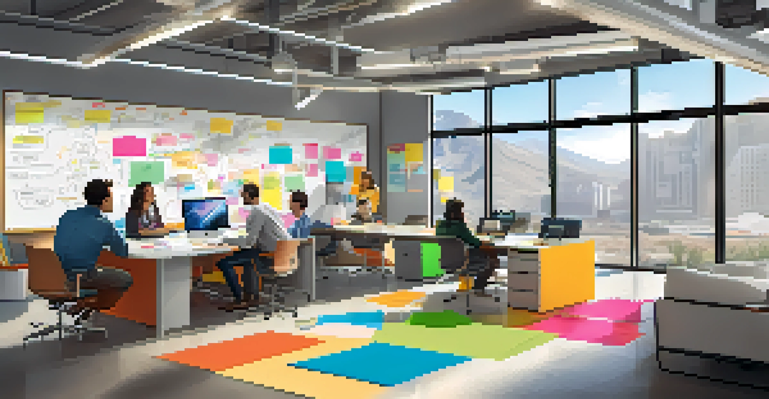 An interior view of a collaborative workspace in a tech startup, showcasing diverse professionals brainstorming.