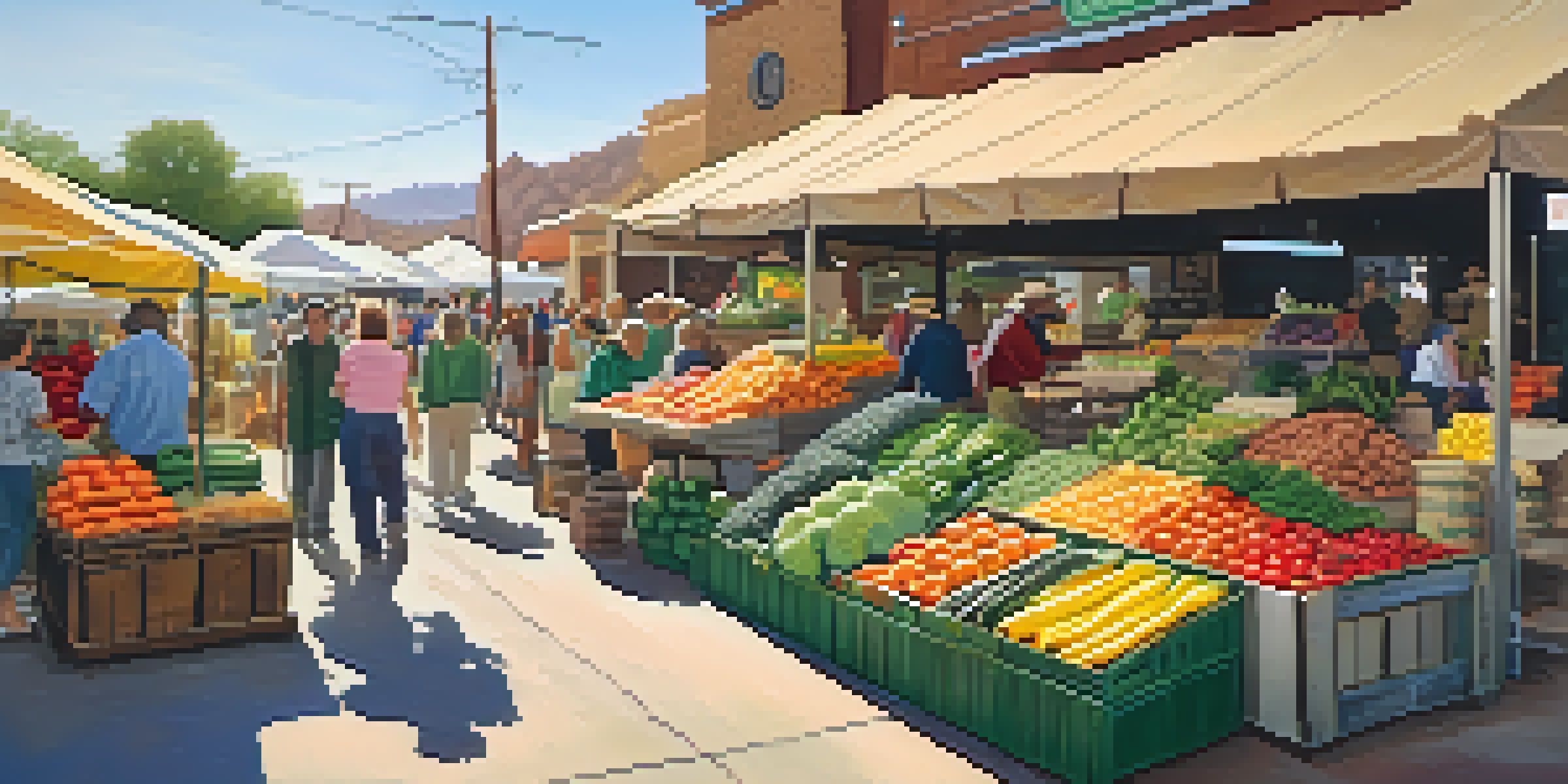 A bustling farmer's market in Nevada filled with fresh produce and local vendors interacting with customers under warm sunlight.