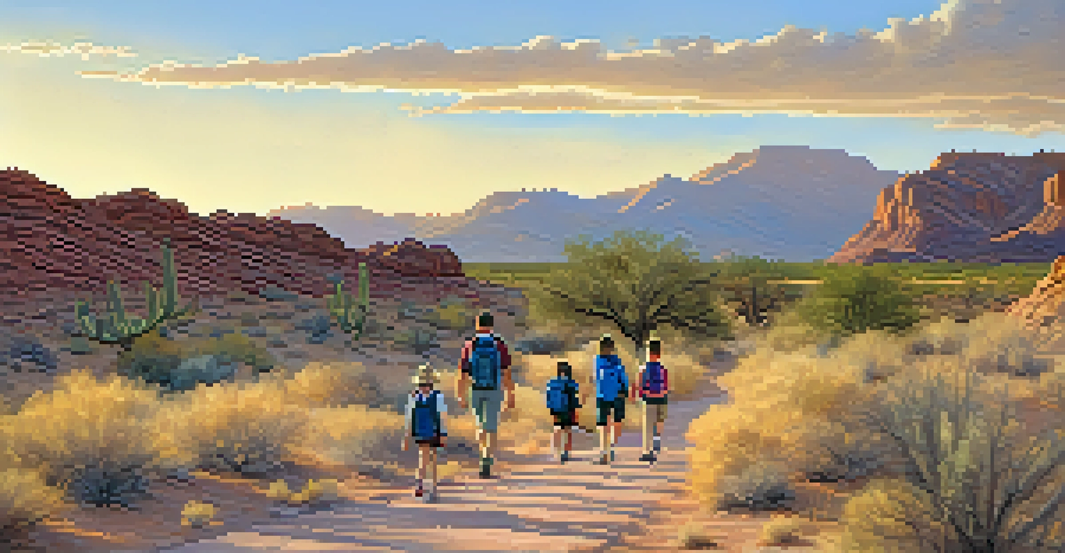 A family hiking on a flat trail at Lake Mead, with children enjoying the outdoor scenery and mountains in the background.