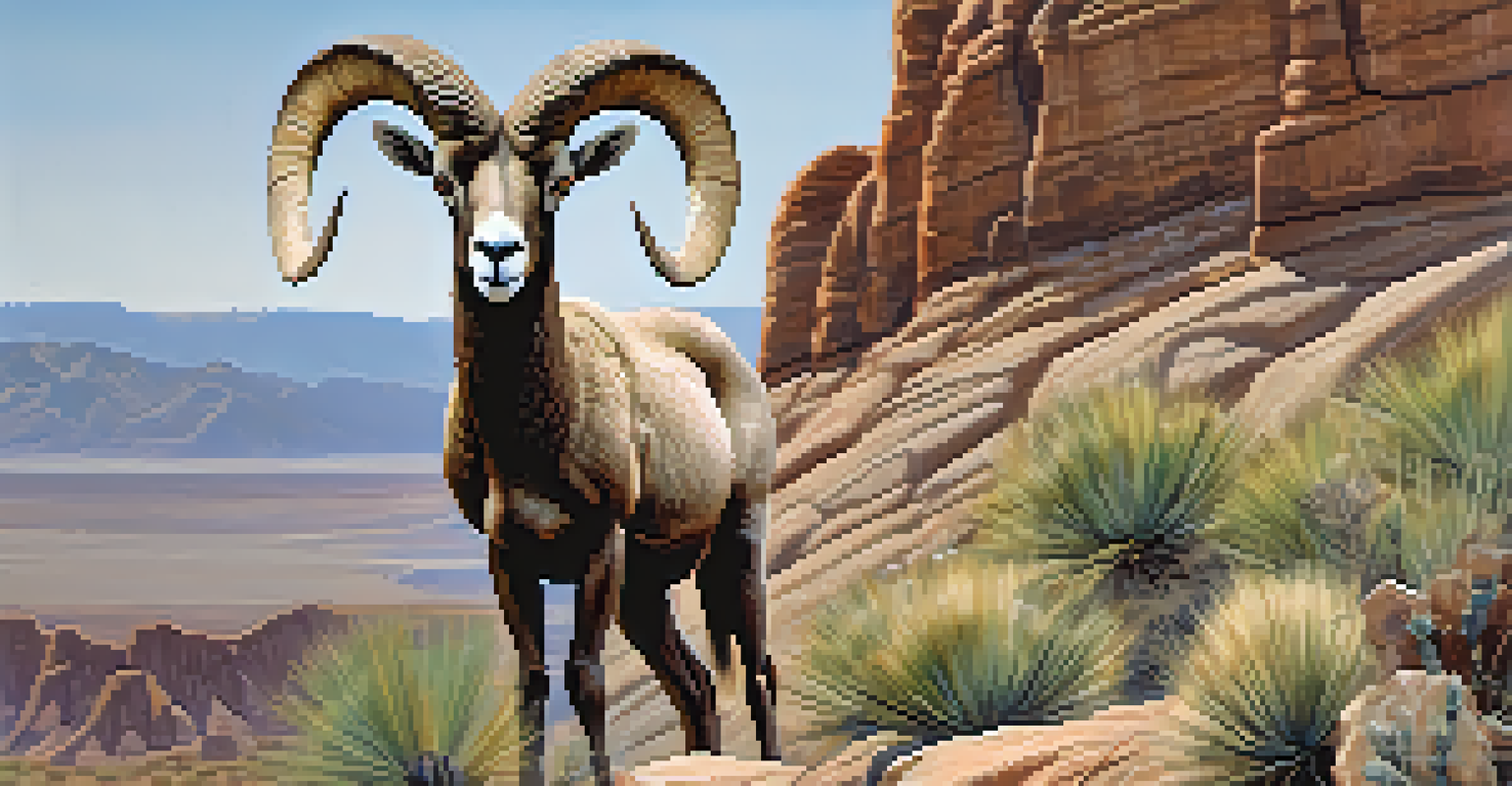A close-up of a desert bighorn sheep on rocky terrain, showcasing its woolly coat and curved horns against a blurred desert background.
