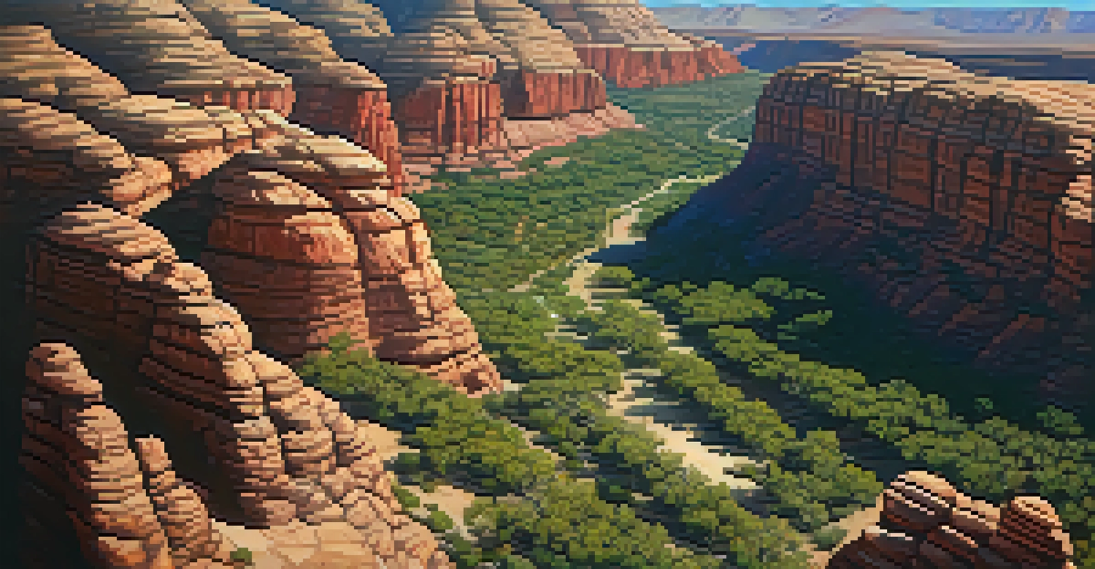 Aerial view of Red Rock Canyon with red rock formations and green valleys under a bright sky.