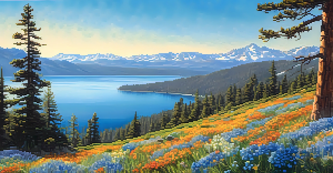 A scenic view of the Tahoe Rim Trail with wildflowers in front, Lake Tahoe in the background, and Sierra Nevada mountains under a clear sky.
