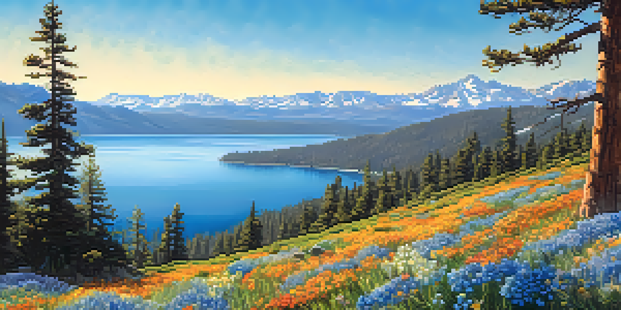 A scenic view of the Tahoe Rim Trail with wildflowers in front, Lake Tahoe in the background, and Sierra Nevada mountains under a clear sky.