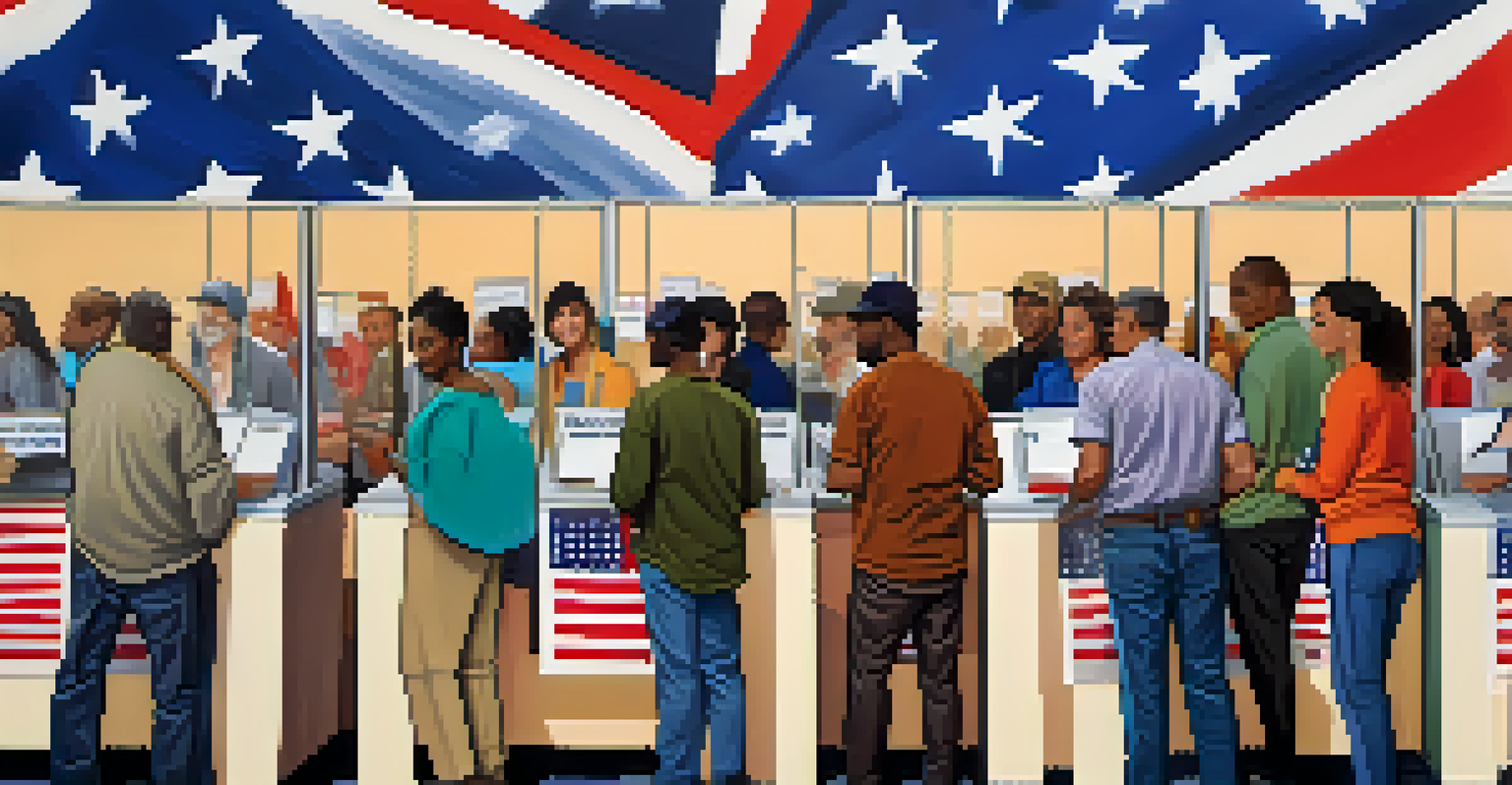 A diverse group of voters participating in an election, casting their ballots at a polling station with colorful booths and campaign posters.