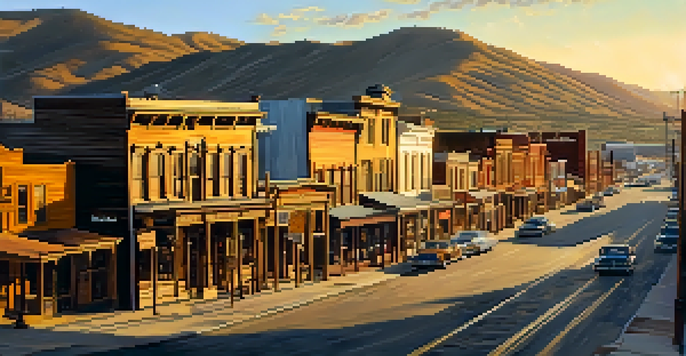 A scenic view of Virginia City, Nevada, featuring historic buildings and saloons with mountains in the background, illuminated by sunset light.