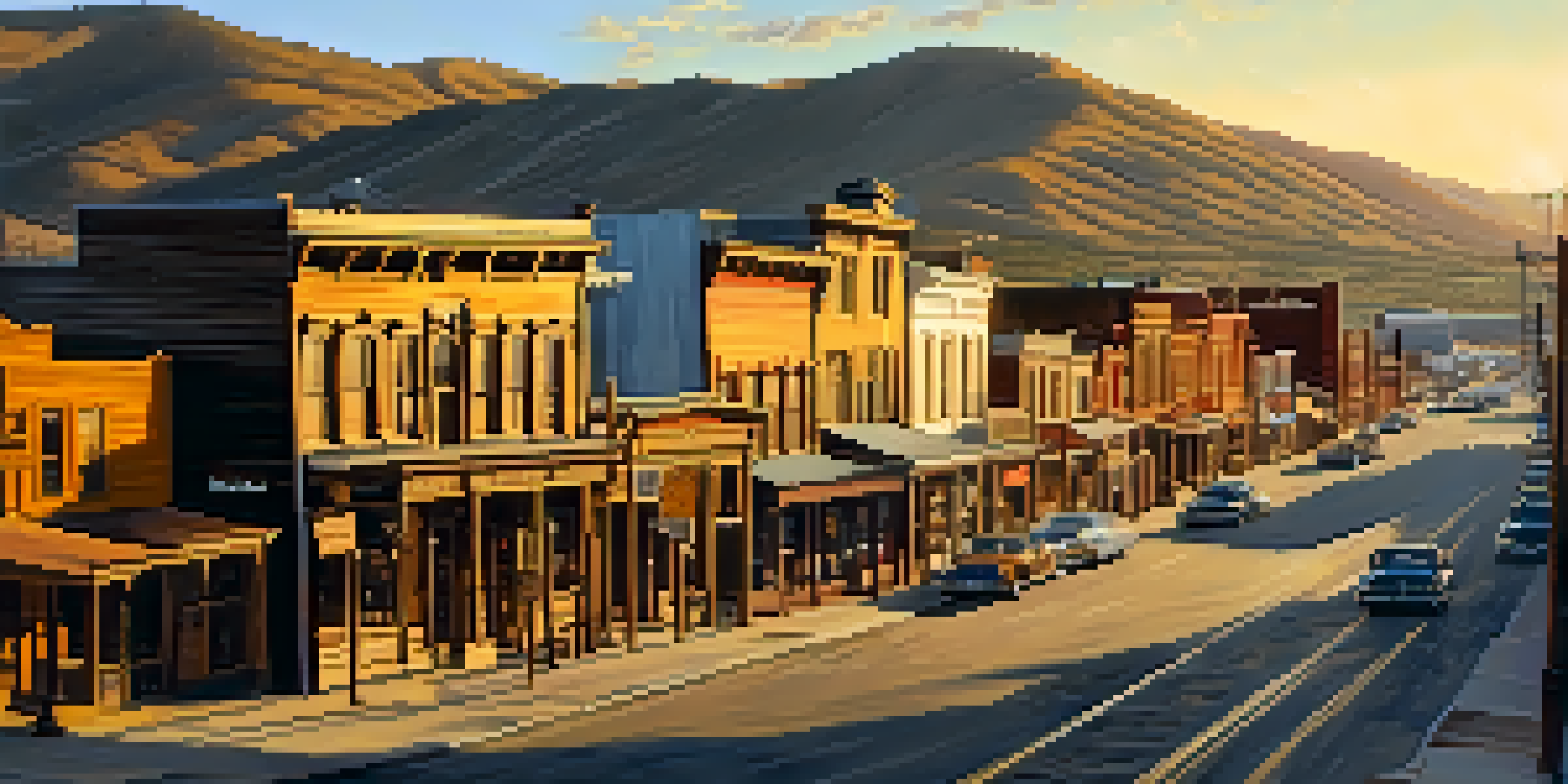 A scenic view of Virginia City, Nevada, featuring historic buildings and saloons with mountains in the background, illuminated by sunset light.