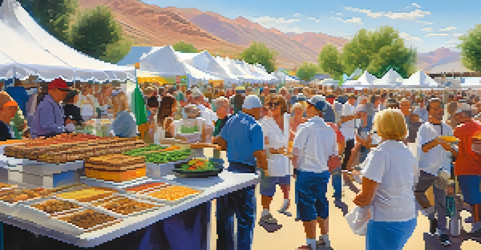 A lively food festival in Nevada with attendees sampling gourmet dishes from colorful tents, filled with laughter and excitement.