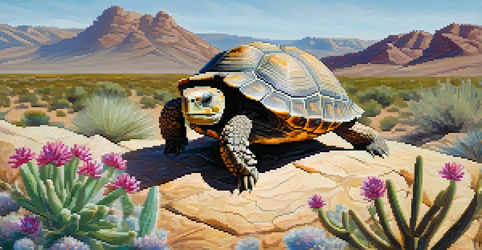 Close-up of a desert tortoise in the desert, with its textured shell and surrounding plants.