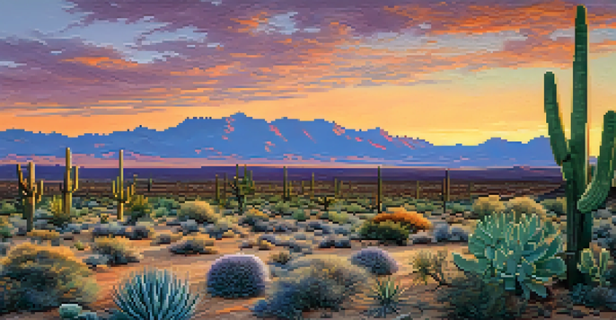 A panoramic view of Nevada's desert landscape with rugged mountains and colorful sunset skies, featuring sagebrush and cacti in the foreground.