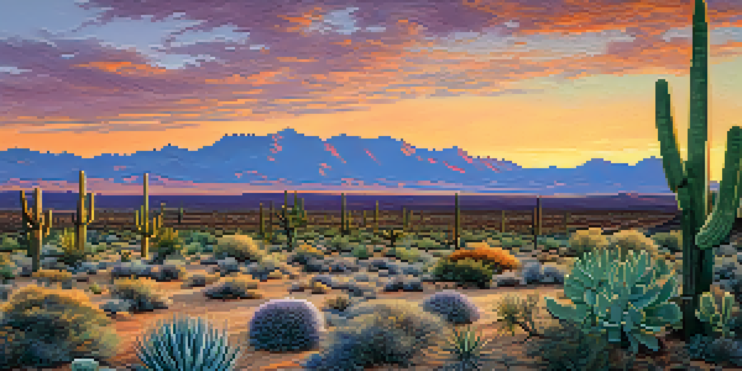 A panoramic view of Nevada's desert landscape with rugged mountains and colorful sunset skies, featuring sagebrush and cacti in the foreground.